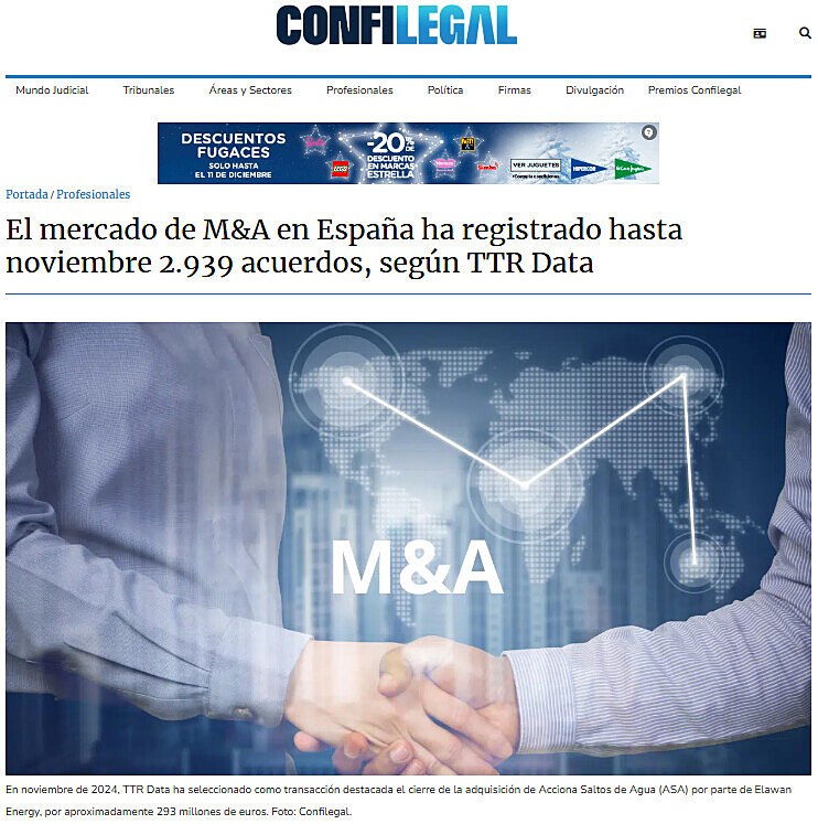 El mercado de M&A en Espaa ha registrado hasta noviembre 2.939 acuerdos, segn TTR Data